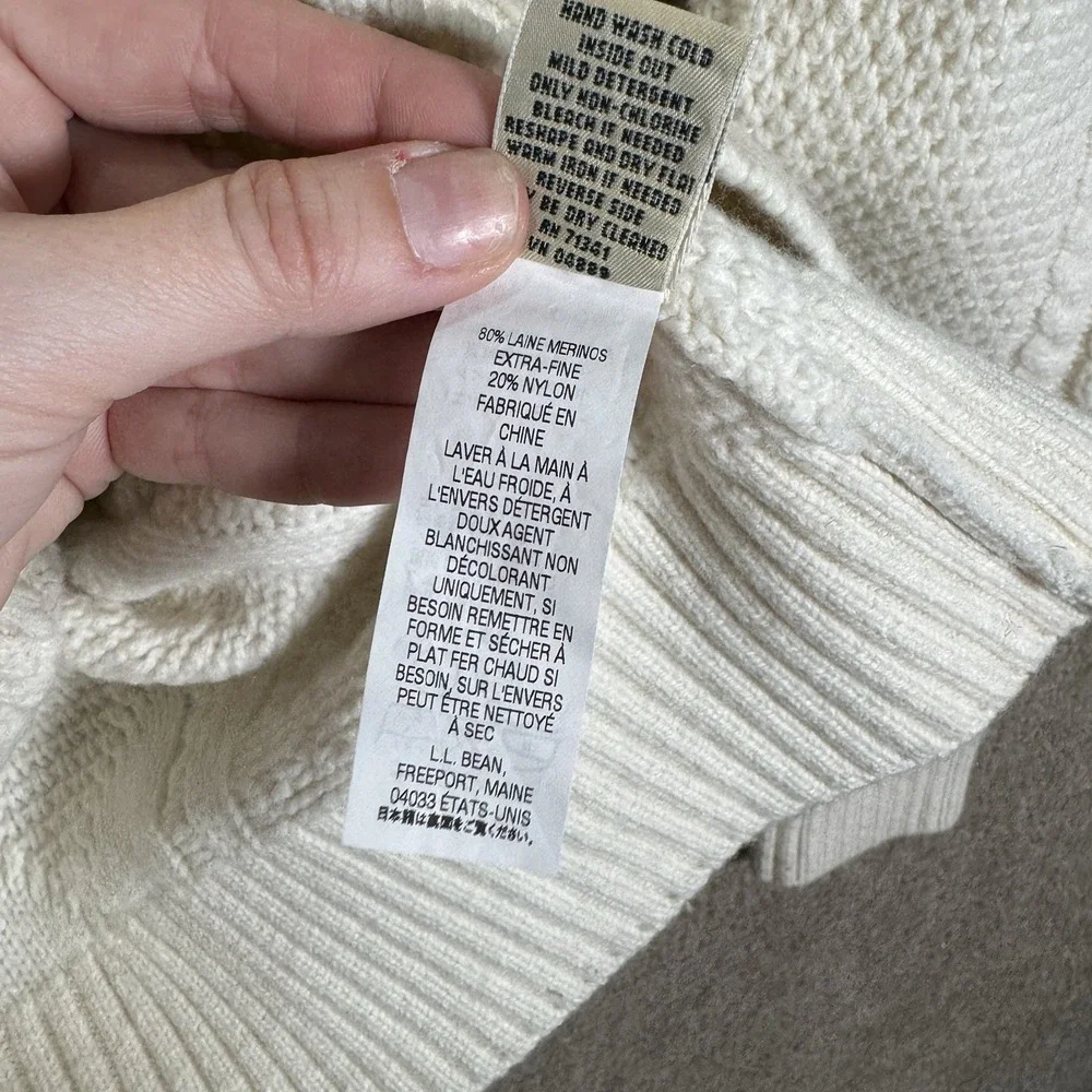 L.L. Bean Sweater Womens XS‎ Ivory Cable Knit Turtleneck Merino Wool Chunky